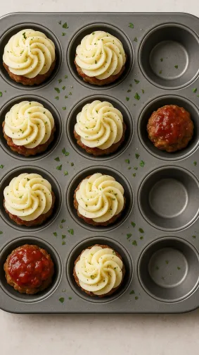 Mini muffin-tin meatloaf trio with mashed-potato piped tops — playful catering overhead.