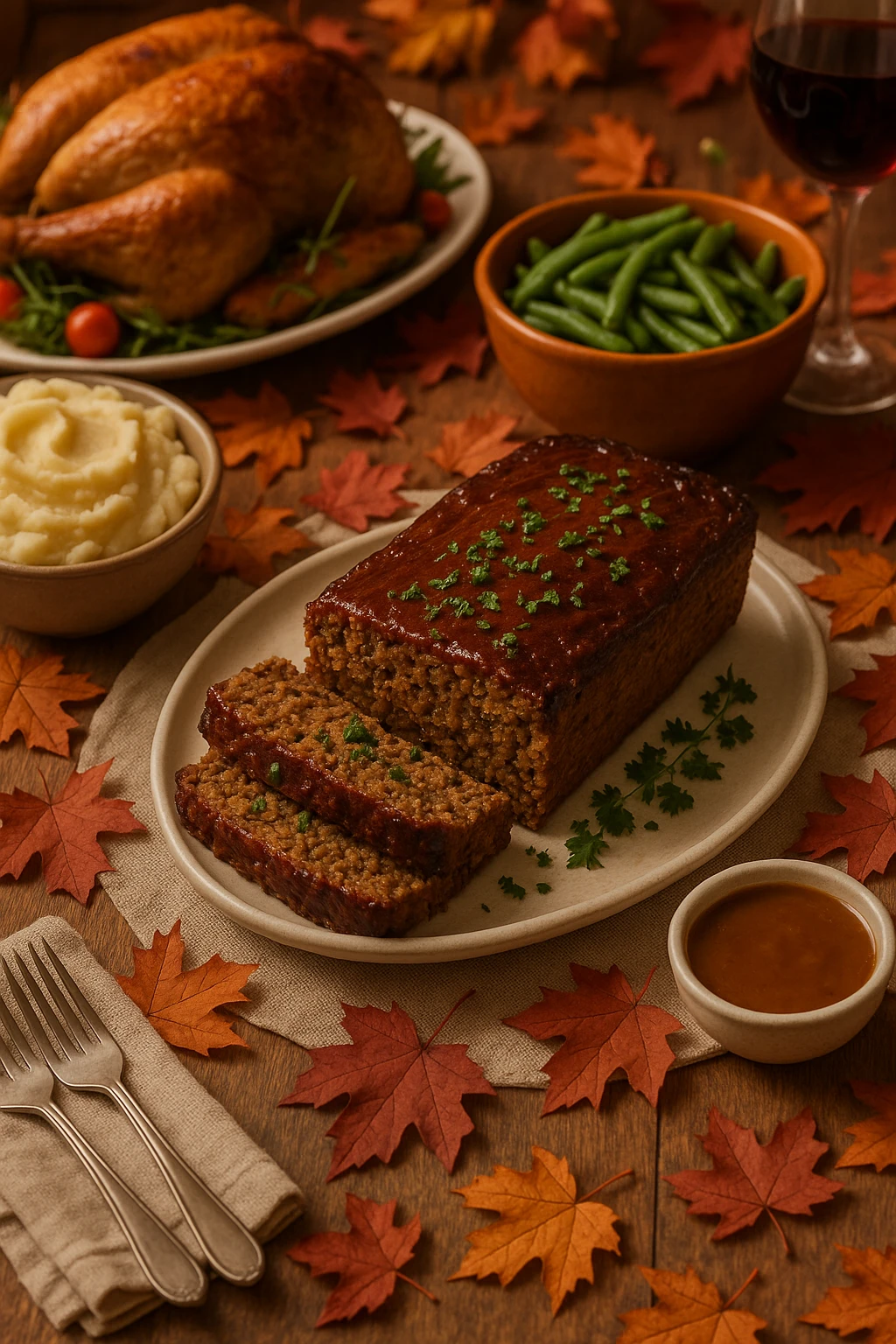 Lentil-mushroom vegan meatloaf at Thanksgiving table, fall leaves décor — cozy family warmth.