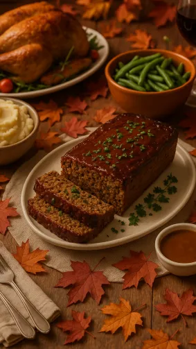 Lentil-mushroom vegan meatloaf at Thanksgiving table, fall leaves décor — cozy family warmth.