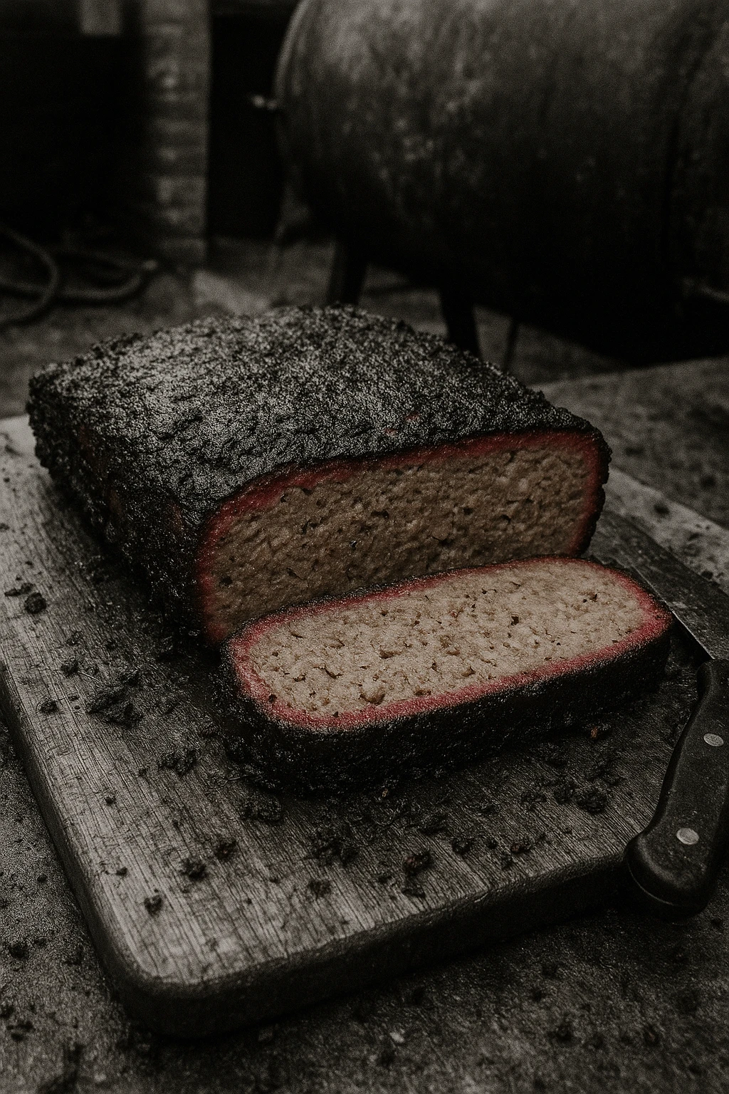 Competition-smoked BBQ meatloaf slab, deep smoke ring visible — gritty pit-side documentary.