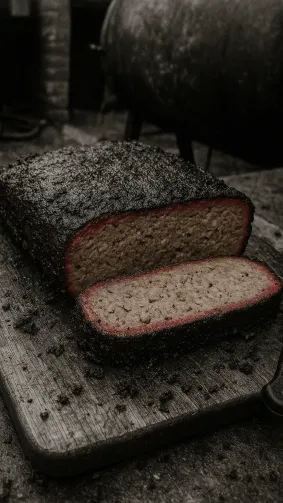 Competition-smoked BBQ meatloaf slab, deep smoke ring visible — gritty pit-side documentary.