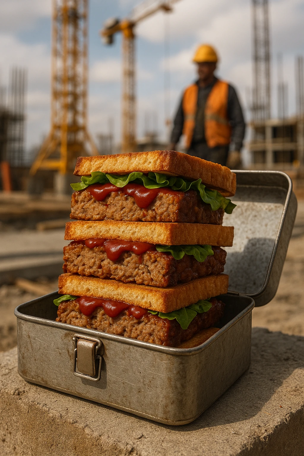 Meatloaf sandwich stacked high in steel lunchbox, construction site backdrop — candid workman energy.