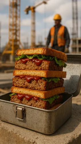 Meatloaf sandwich stacked high in steel lunchbox, construction site backdrop — candid workman energy.