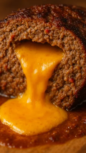 Cheese-stuffed meatloaf cut open, molten cheddar cascade — macro comfort-food focus.