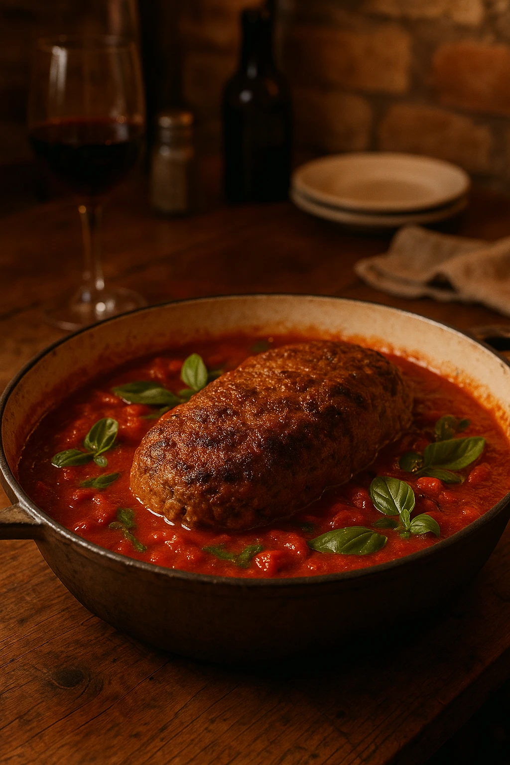 Italian polpettone meatloaf simmering in tomato basil sauce — rustic trattoria ambience.