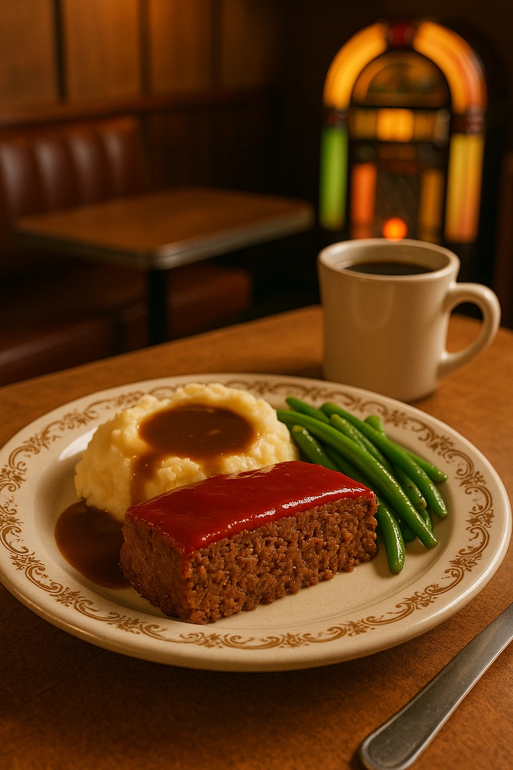 A classic American meatloaf served at a cozy roadside diner. Thick slice of beef meatloaf with a shiny ketchup glaze, accompanied by creamy mashed potatoes and brown gravy, and buttered green beans. Served on a vintage-style plate with a diner mug of coffee nearby. Warm lighting and a retro interior with a jukebox in the background.