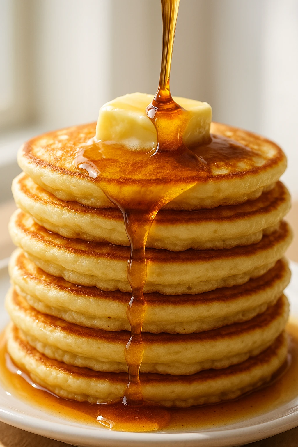 Tower of buttermilk pancakes, maple syrup ribbon mid-pour, pat of butter melting — bright morning light, macro sweetness.