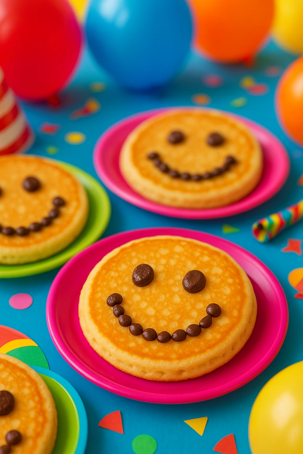 Chocolate-chip smiley-face pancakes at kid’s party, balloon blur — vibrant playful colors.