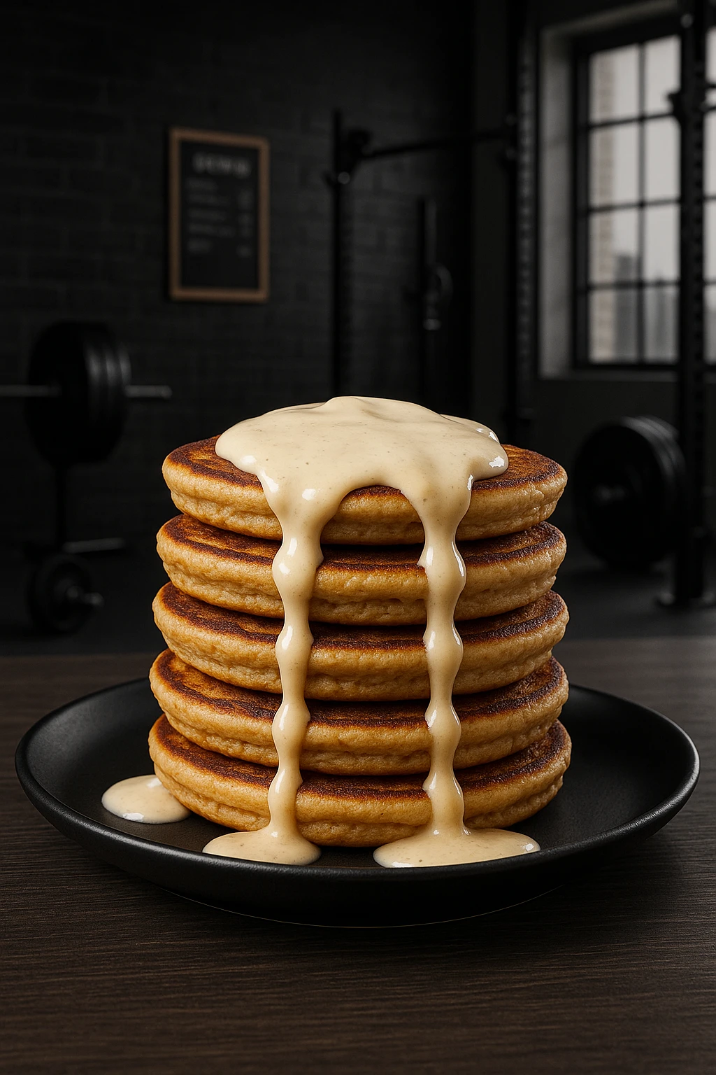 Protein pancake stack with whey drizzle at gym café — industrial fitness backdrop, crisp studio flash.