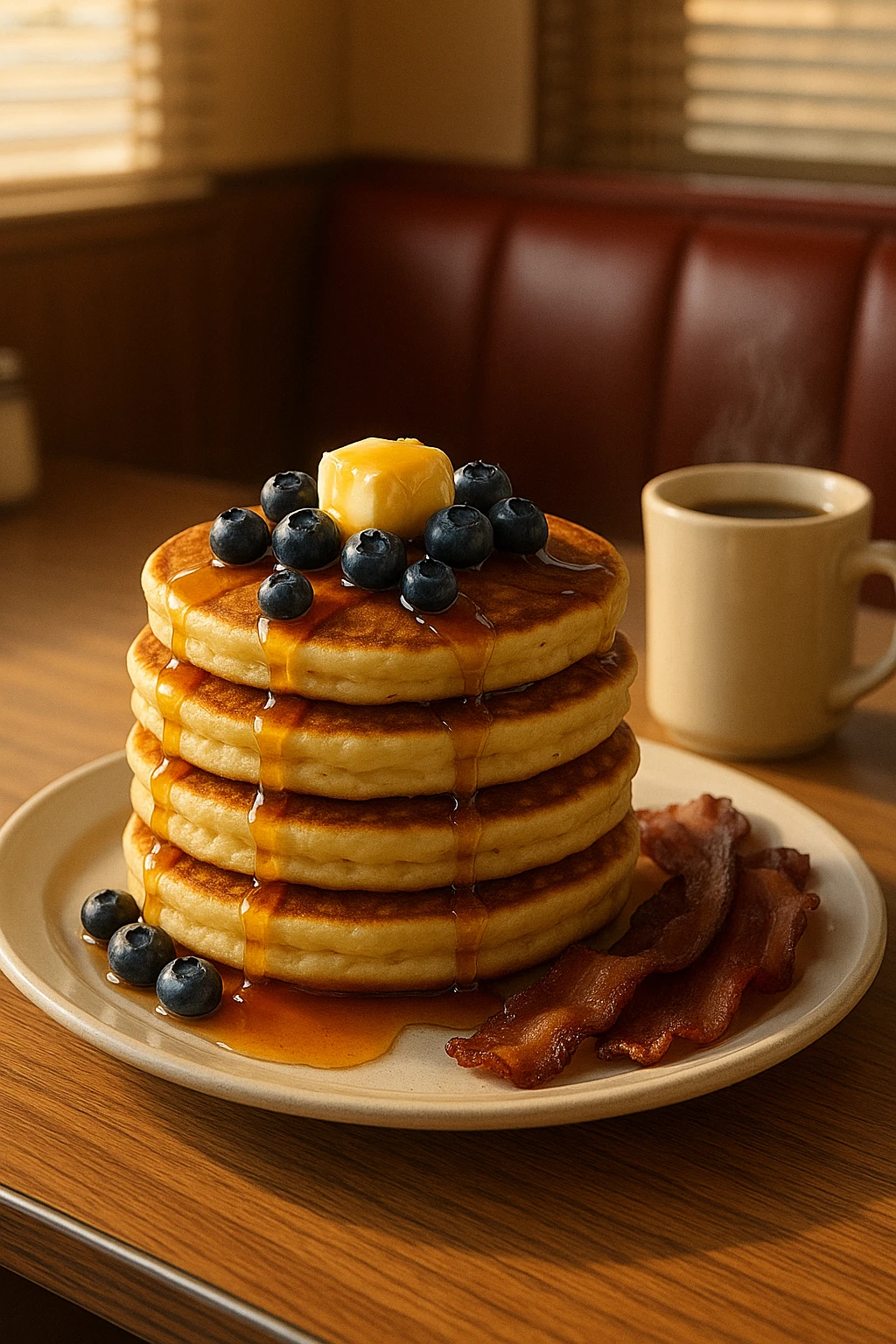 A tall stack of fluffy buttermilk pancakes served at a cozy American diner. Topped with melting butter, golden maple syrup cascading down the sides, and a handful of fresh blueberries. Served on a white ceramic plate with a side of crispy bacon. Background includes a retro-style booth, a mug of steaming coffee, and warm morning light filtering through blinds.
