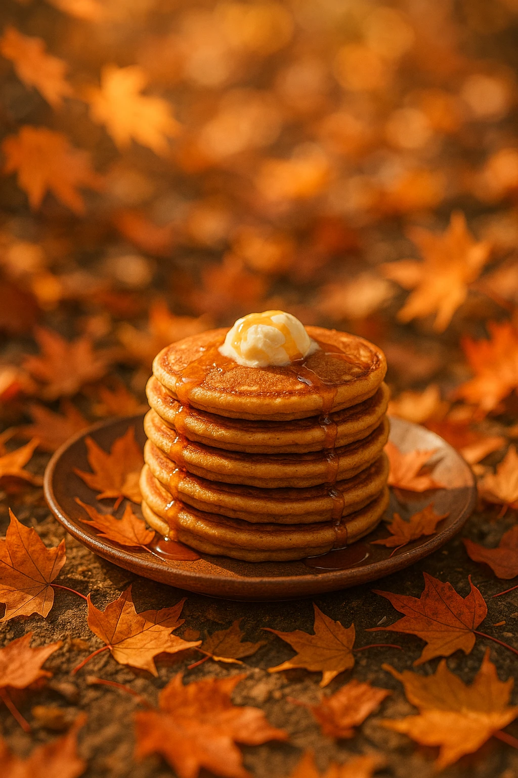 Pumpkin-spice pancakes among autumn leaves swirl — cozy harvest tones, soft sunlight.