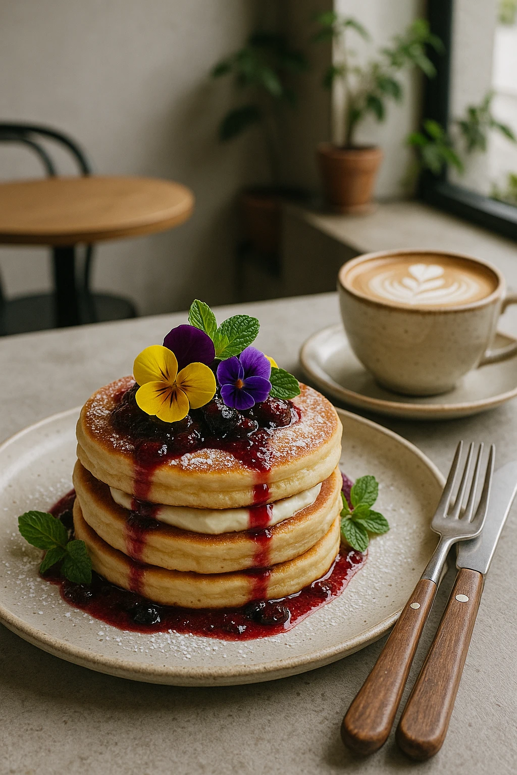 A gourmet pancake brunch at a trendy urban café. Three thick pancakes layered with mascarpone cream, drizzled with berry compote and dusted with powdered sugar. Garnished with edible flowers and mint leaves. Set on a stoneware plate with artisanal flatware, latte art in a ceramic cup, and minimalist decor with greenery and natural light.