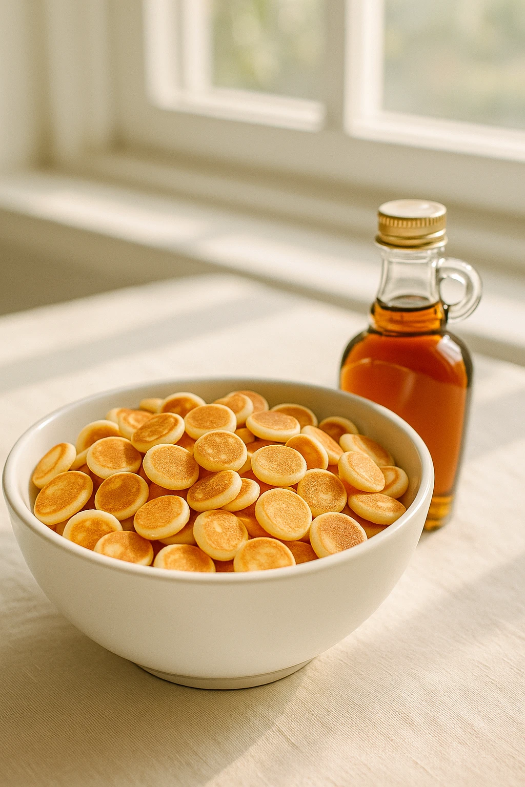 Viral pancake cereal bowl with mini syrup bottle — fun TikTok aesthetic, bright window light.