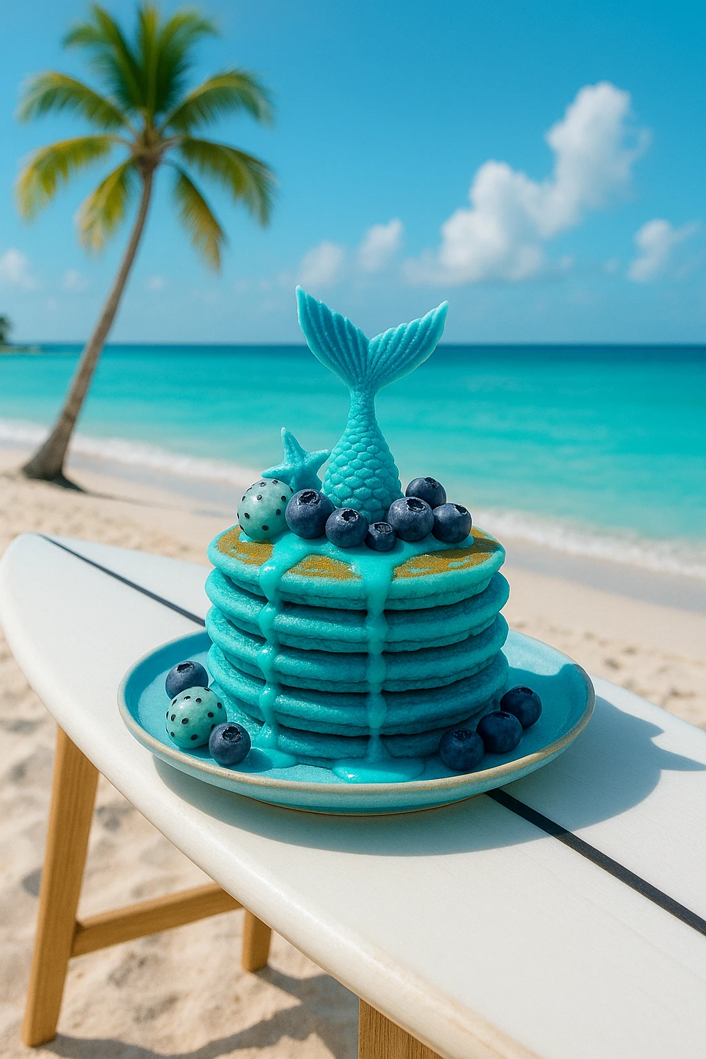 Blue-spirulina ‘mermaid’ pancakes on surfboard café table — tropical beach vibe, bright cyan palette.