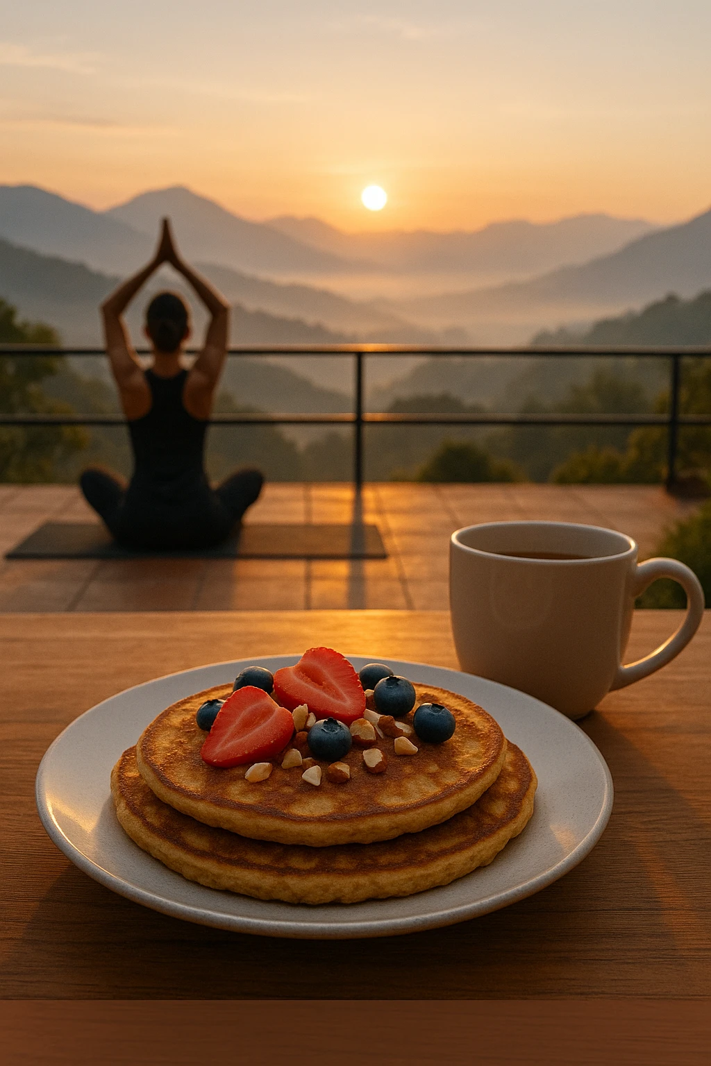 Gluten-free almond-flour pancakes at yoga retreat terrace — serene mountain dawn.