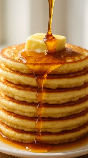 Tower of buttermilk pancakes, maple syrup ribbon mid-pour, pat of butter melting — bright morning light, macro sweetness.