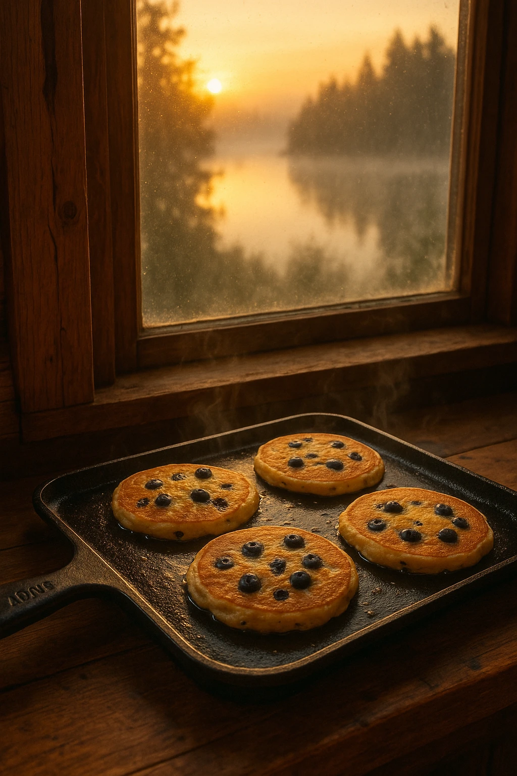 Blueberry pancakes sizzling on lodge griddle at dawn, misty lake through window — cozy cabin vibe, golden backlight.