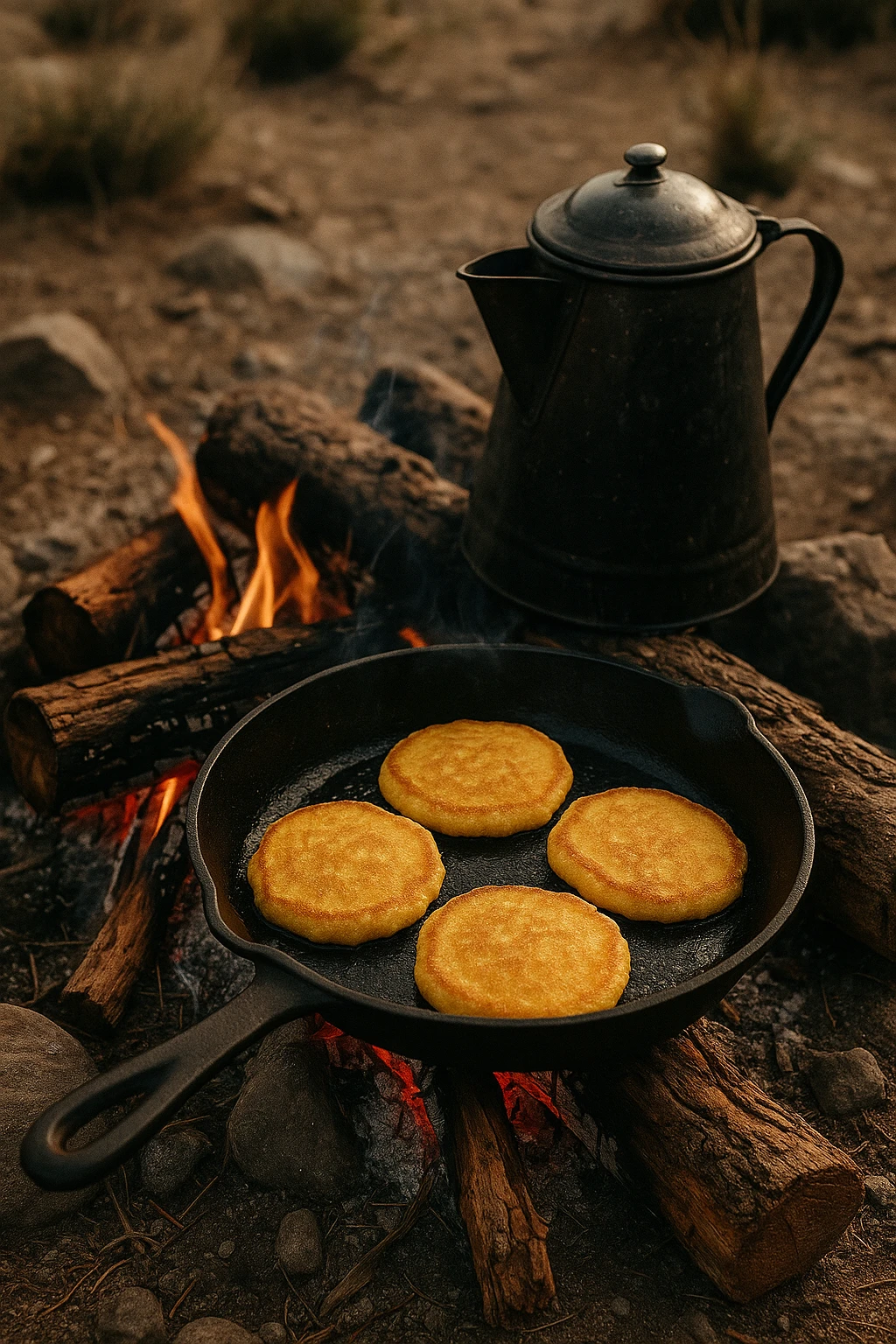 Cornmeal johnnycakes over campfire skillet, cowboy coffee pot nearby — rugged outdoor storytelling.