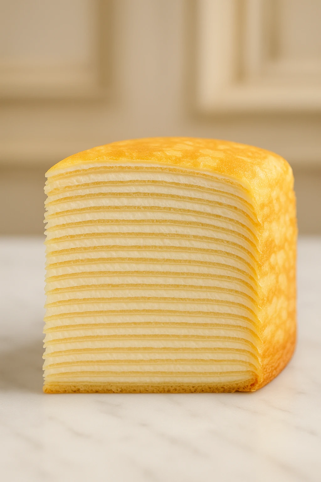 Mille-crêpe cake sliced to reveal 20 layers — macro pastry focus, elegant patisserie backdrop.