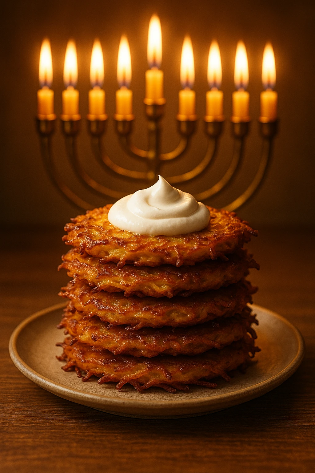 Potato latke pancake stack with sour-cream dollop, menorah glow — holiday warmth.
