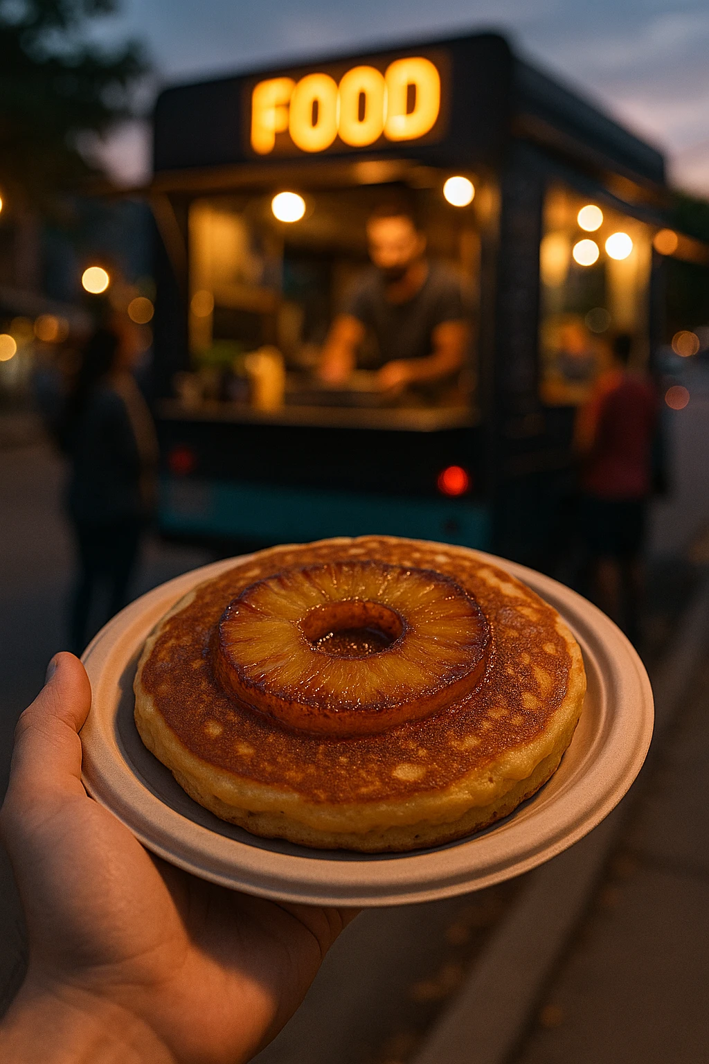 Caramelized pineapple upside-down griddle pancake at food truck — handheld dusk street scene.