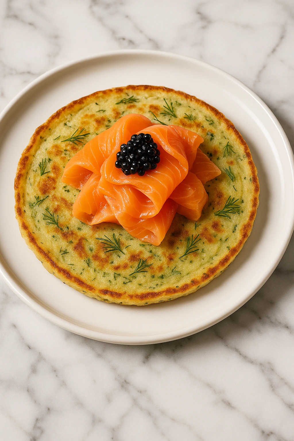 Savory dill pancake topped with smoked salmon and caviar on marble — luxe brunch editorial.