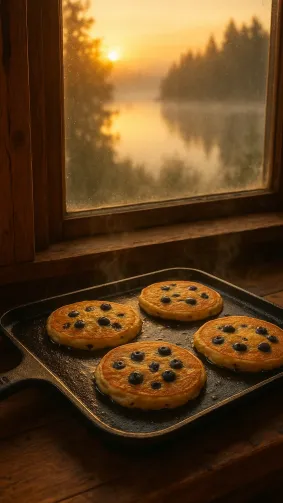Blueberry pancakes sizzling on lodge griddle at dawn, misty lake through window — cozy cabin vibe, golden backlight.