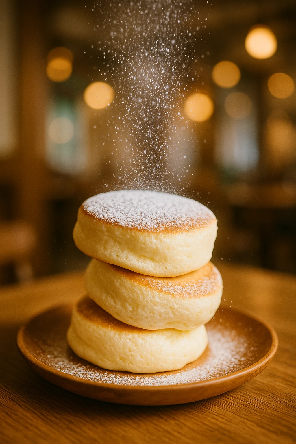 Japanese fluffy soufflé pancakes wobbling, powdered-sugar snowfall — dreamy café lighting, shallow DOF.