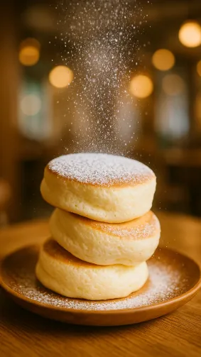 Japanese fluffy soufflé pancakes wobbling, powdered-sugar snowfall — dreamy café lighting, shallow DOF.