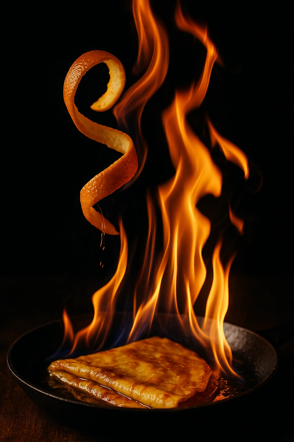 Crêpe Suzette flambé flames licking orange peel spiral — dramatic low-light, action freeze.