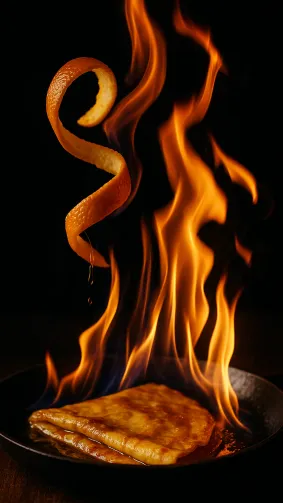 Crêpe Suzette flambé flames licking orange peel spiral — dramatic low-light, action freeze.