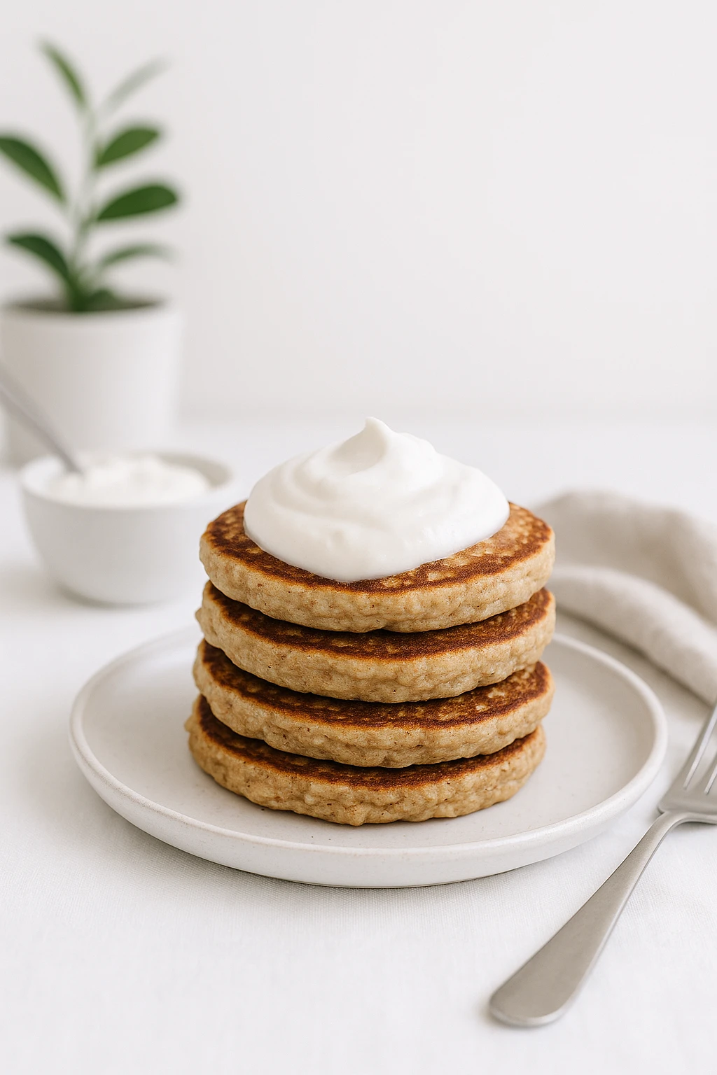 Vegan banana-oat pancakes topped with coconut yogurt at wellness retreat — airy white space, clean styling.