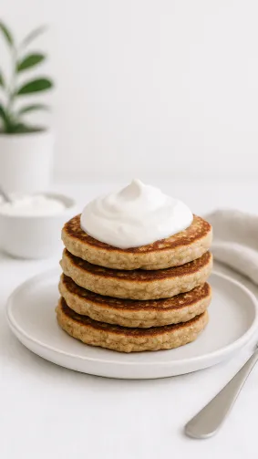 Vegan banana-oat pancakes topped with coconut yogurt at wellness retreat — airy white space, clean styling.