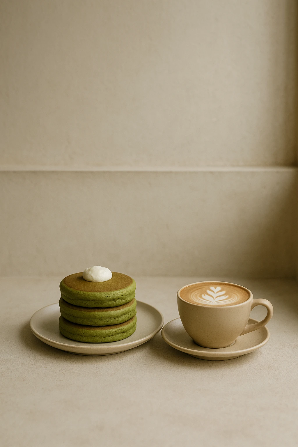 Matcha-green-tea pancakes in minimalist Tokyo café, latte art alongside — soft diffused light, zen palette.