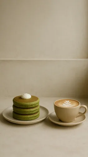 Matcha-green-tea pancakes in minimalist Tokyo café, latte art alongside — soft diffused light, zen palette.