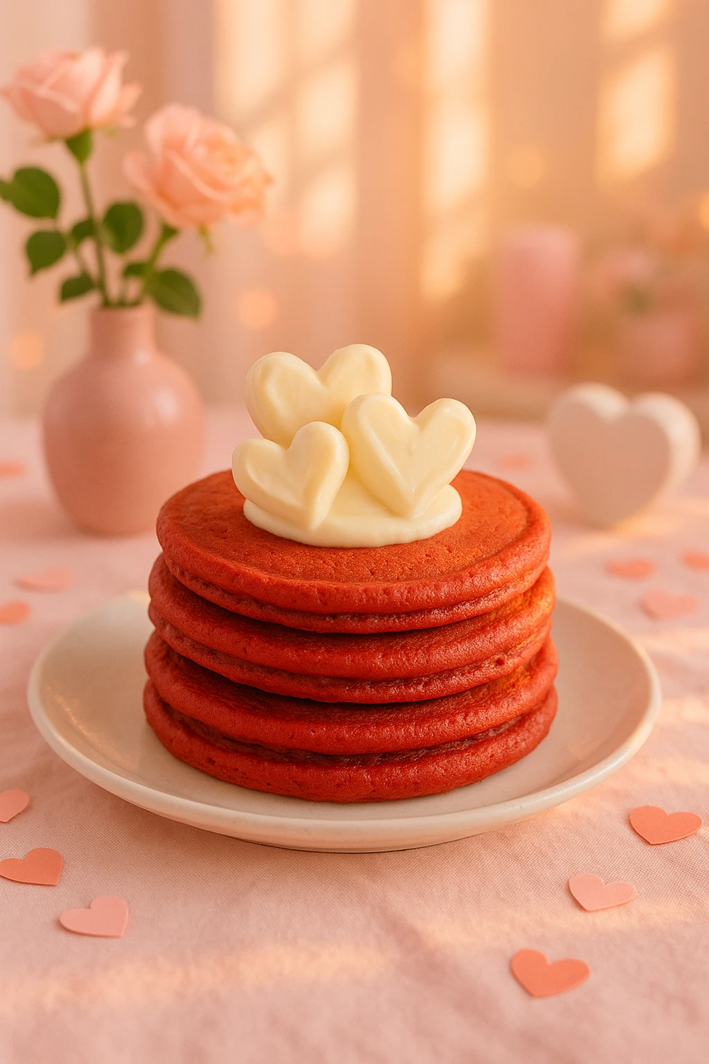 Red-velvet pancakes stacked with cream-cheese frosting hearts — Valentine daytime glow, pastel décor.