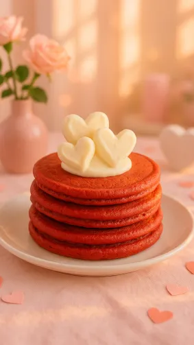 Red-velvet pancakes stacked with cream-cheese frosting hearts — Valentine daytime glow, pastel décor.