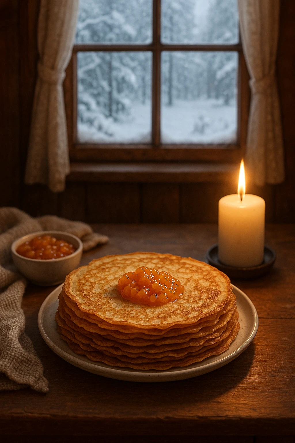 Swedish thin pancakes with cloudberry jam in snowy cottage — Nordic hygge warmth, candle glow.