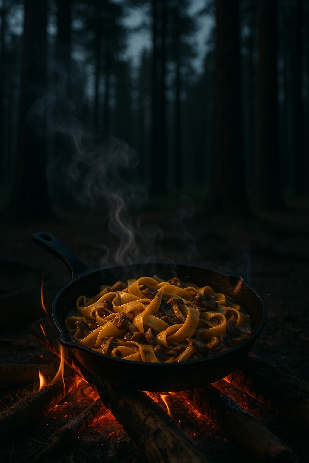 Wild‑mushroom pappardelle cooked over a forest campfire in a cast‑iron skillet, shot among tall pines with glowing embers — moody dusk light, cinematic smoke trails.
