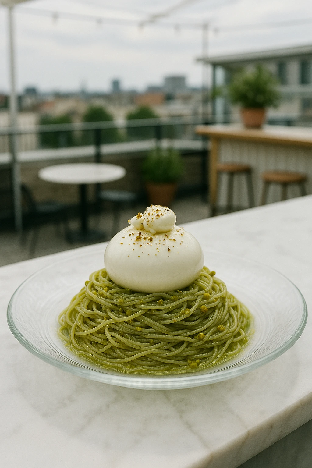 Cold soba‑style capellini tossed in pistachio pesto and topped with burrata, presented on a glass plate at a rooftop brunch bar — airy editorial mood, diffuse skylight.