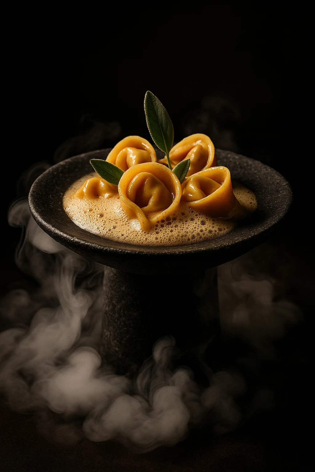 Pumpkin‑sage tortelloni floating in brown‑butter foam, dry‑ice mist curling around a stone pedestal plate — avant‑garde fine‑dining plating, theatrical chiaroscuro spotlight.