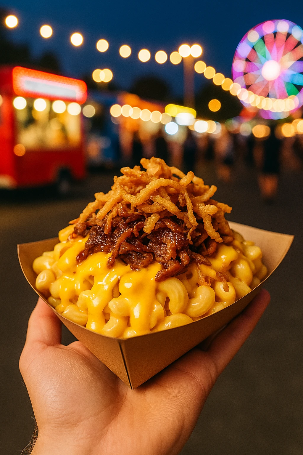 Loaded pulled‑pork mac‑and‑cheese in a paper boat, gooey queso drizzle and crispy onion crunch, captured at an outdoor food‑truck festival — bright carnival lights, handheld street angle.