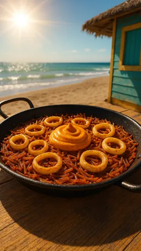Fideuà‑style toasted pasta paella with calamari and paprika aioli, shot on a cast‑iron paellera at a Valencian beach shack — midday sun flare, vibrant Mediterranean colors.