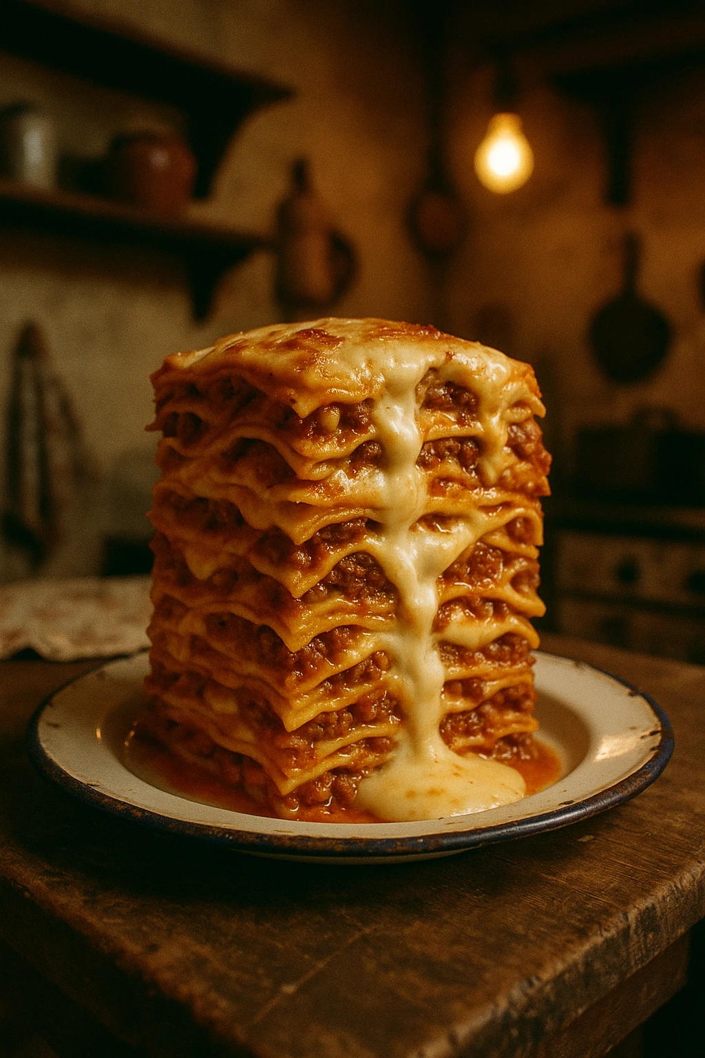 Towering lasagna slice oozing béchamel and ragù, set on a chipped enamel plate in a nonna’s rustic kitchen — warm tungsten bulb glow, nostalgic 35 mm film aesthetic.