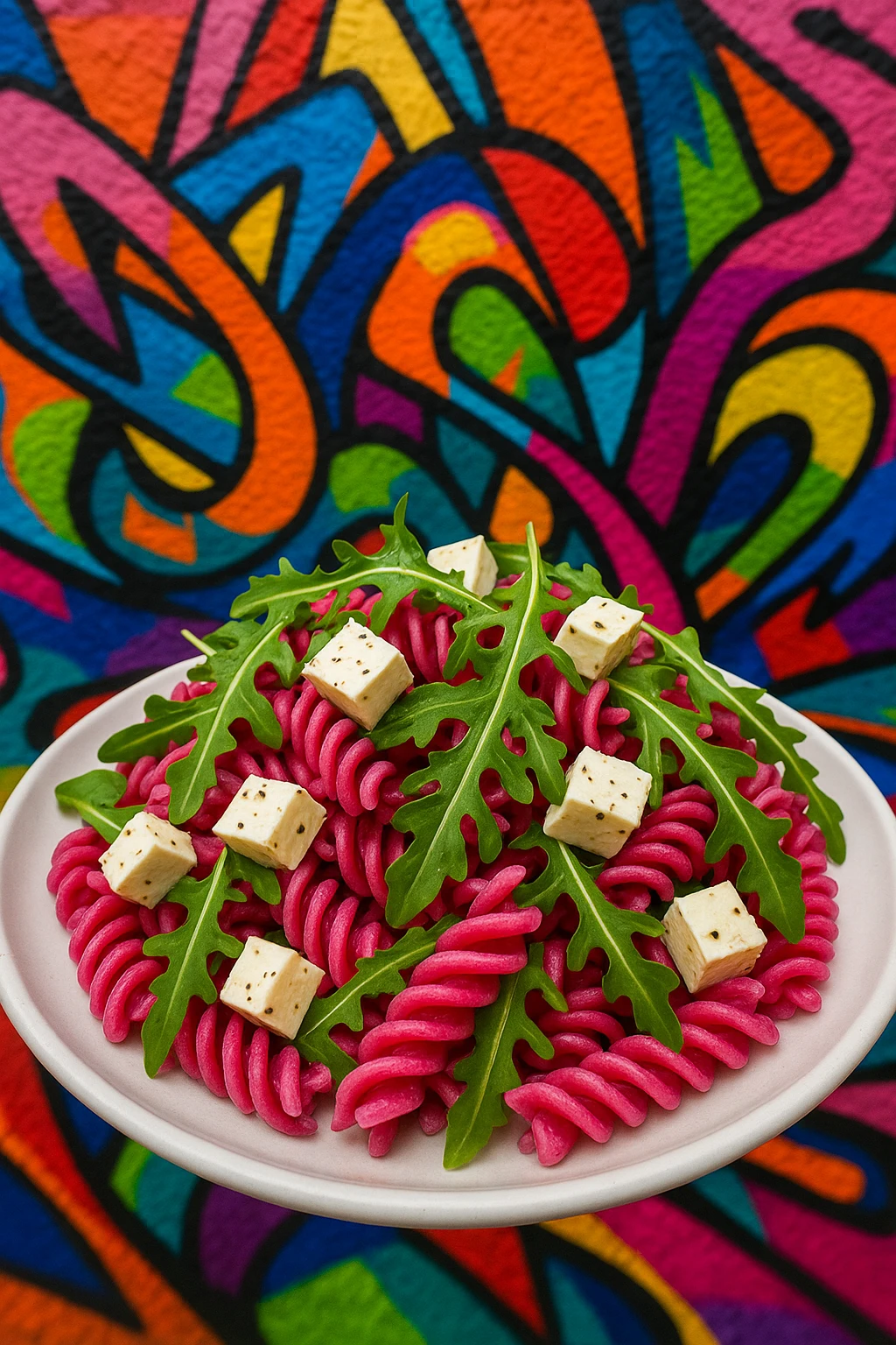 Rainbow beetroot‑infused fusilli salad with feta cubes and arugula, photographed against a graffiti mural — bold street‑art colors, wide‑angle lens, punchy saturation.