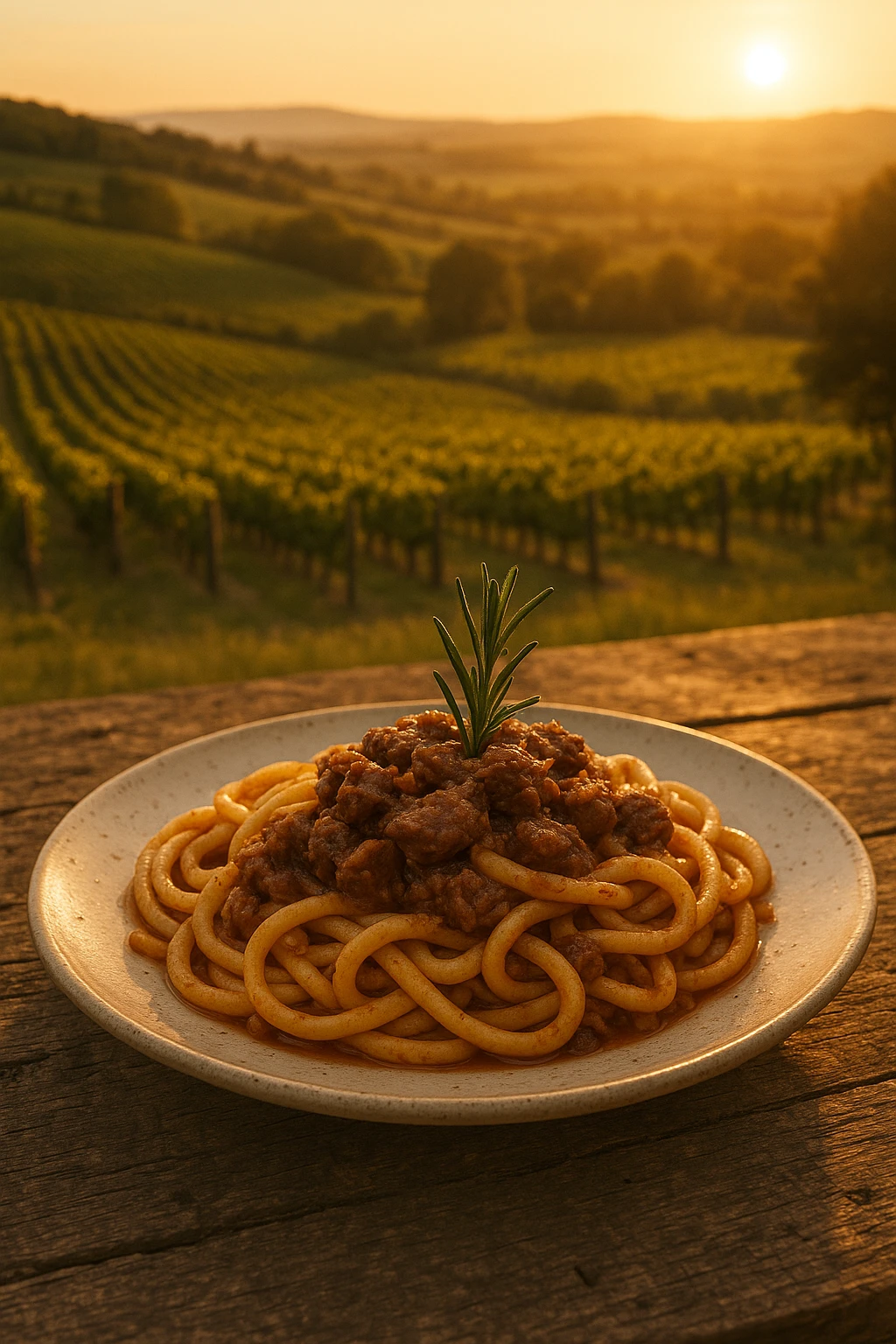 Hearty Tuscan pici with slow‑braised wild‑boar ragù and rosemary, served on a rough farmhouse table overlooking rolling vineyards — golden late‑afternoon sun, pastoral vibe.
