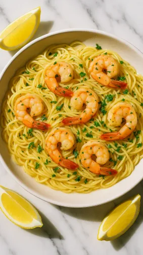 Shrimp‑scampi angel‑hair pasta glistening with garlic butter and parsley, captured top‑down on marble with lemon wedges — bright editorial daylight, crisp 50 mm prime.