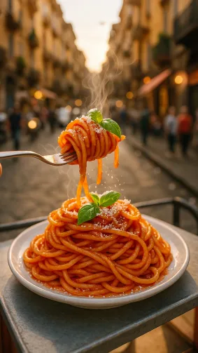 Steaming spaghetti al pomodoro twirled around a fork, bright basil leaves and parmesan snow, served from a curb‑side cart in Naples — golden‑hour sunlight, handheld DSLR, vibrant street‑life backdrop.