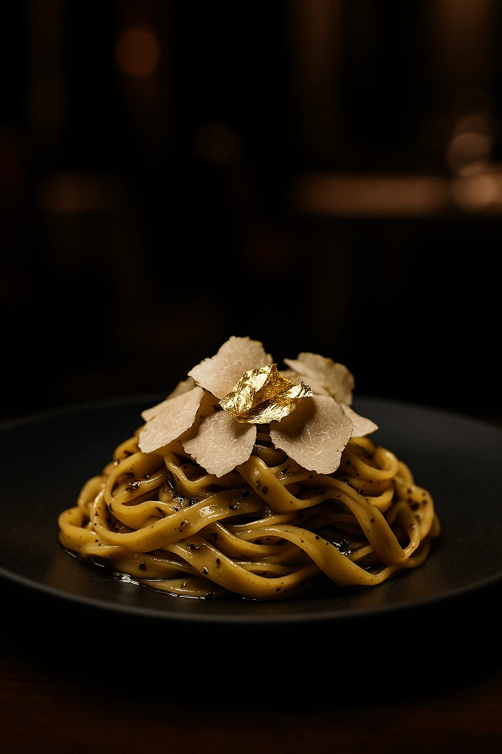 Silky tagliatelle tossed in black‑truffle butter and topped with shaved white truffle and gold leaf, plated on matte‑black porcelain inside a Michelin‑star dining room — low‑key, moody spotlight, 85 mm lens.