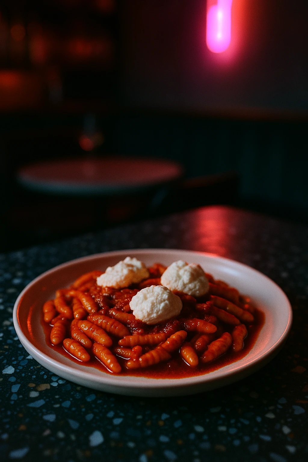 Hand-rolled cavatelli tossed in spicy ’nduja ragù and topped with whipped ricotta clouds, shot on a terrazzo tabletop in a hip Milan aperitivo bar — moody ambient neon, shallow depth of field.